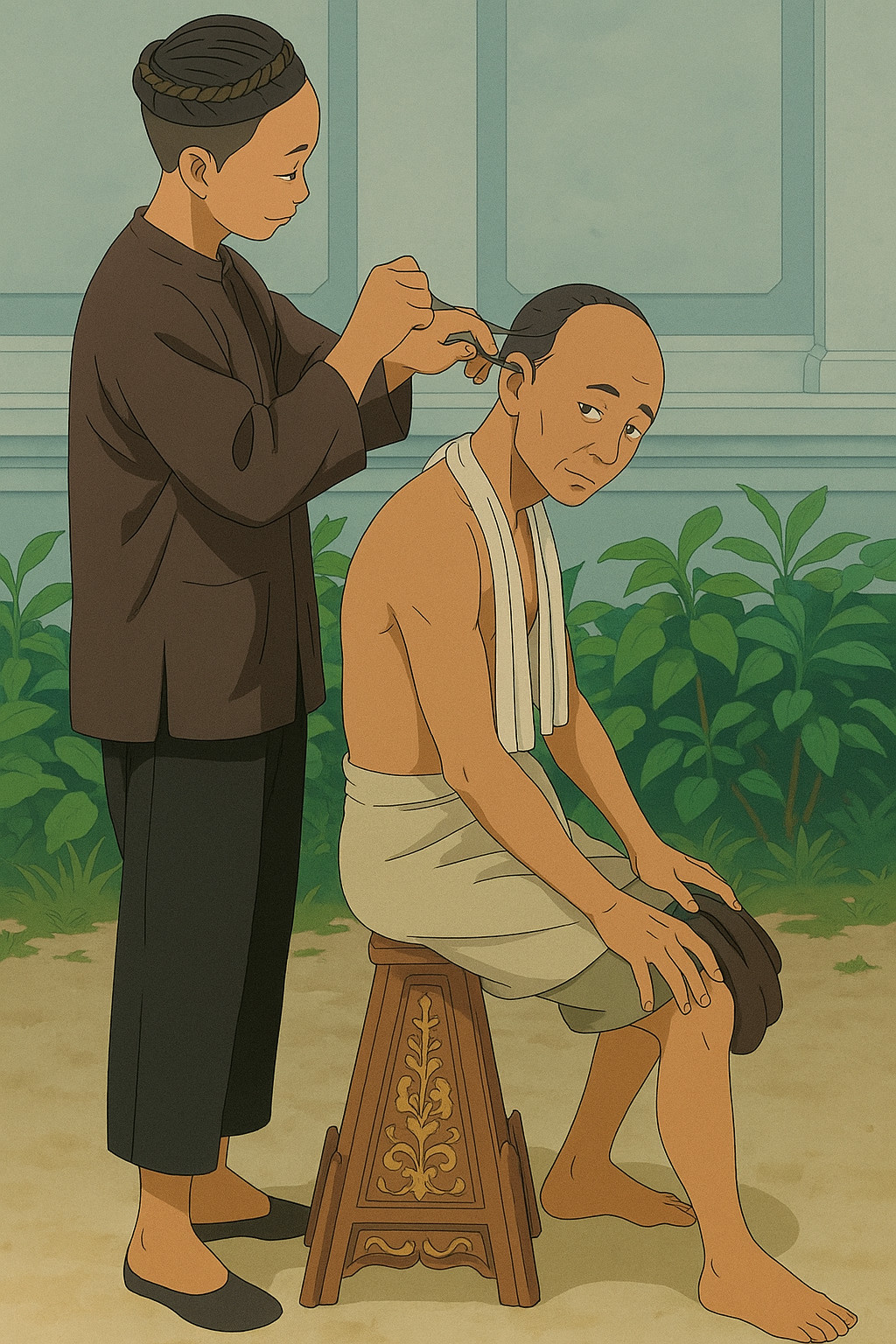 Outdoor Barbering in Serene Surroundings